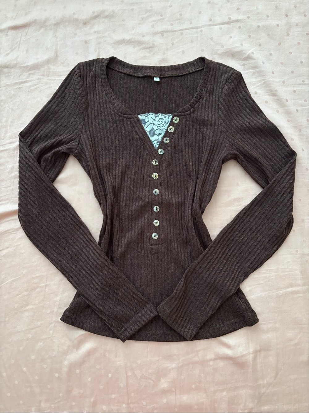 Brown Long-Sleeve Henley Top With Lace Detailling